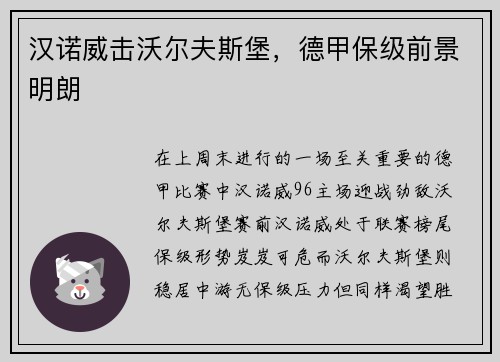 汉诺威击沃尔夫斯堡，德甲保级前景明朗